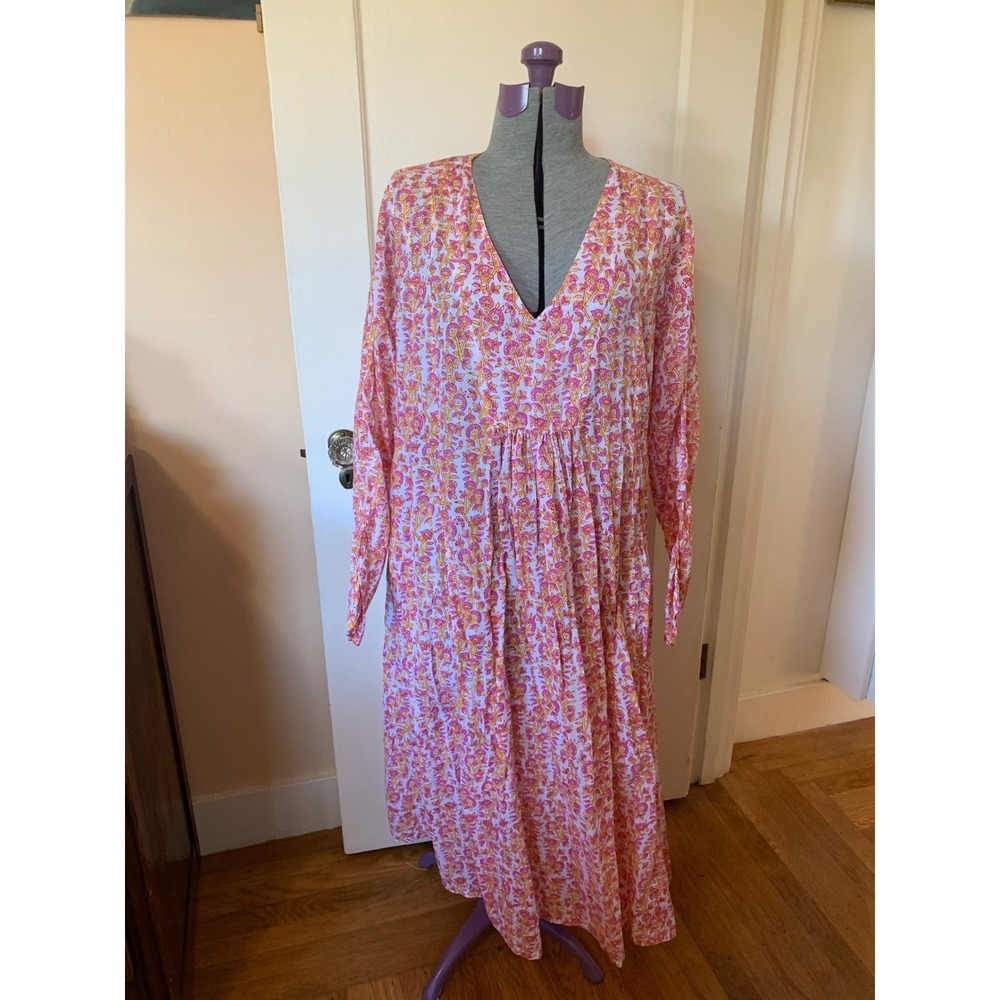Mer St. Barth Pink Yellow Floral Block Print V-Neck Maxi Dress L